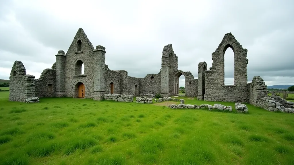 Ancient Clonmacnoise monastic site with round tower and stone structures