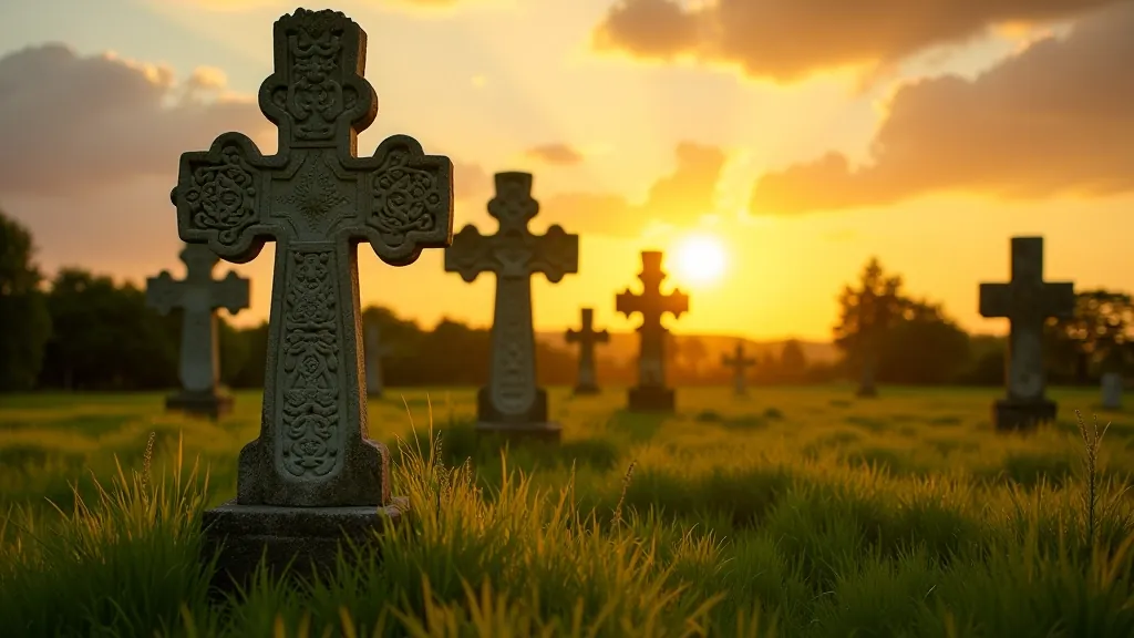 Ornately carved Celtic high crosses standing in lush Irish meadowland with golden sunset light