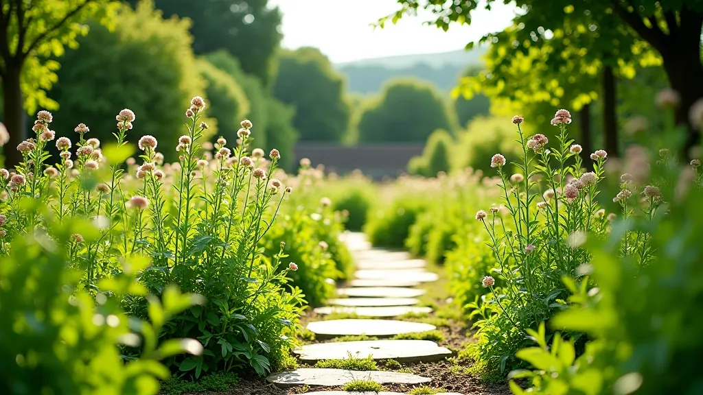 Medieval herb garden with various plants labeled, traditional monastery vegetable garden layout with stone paths