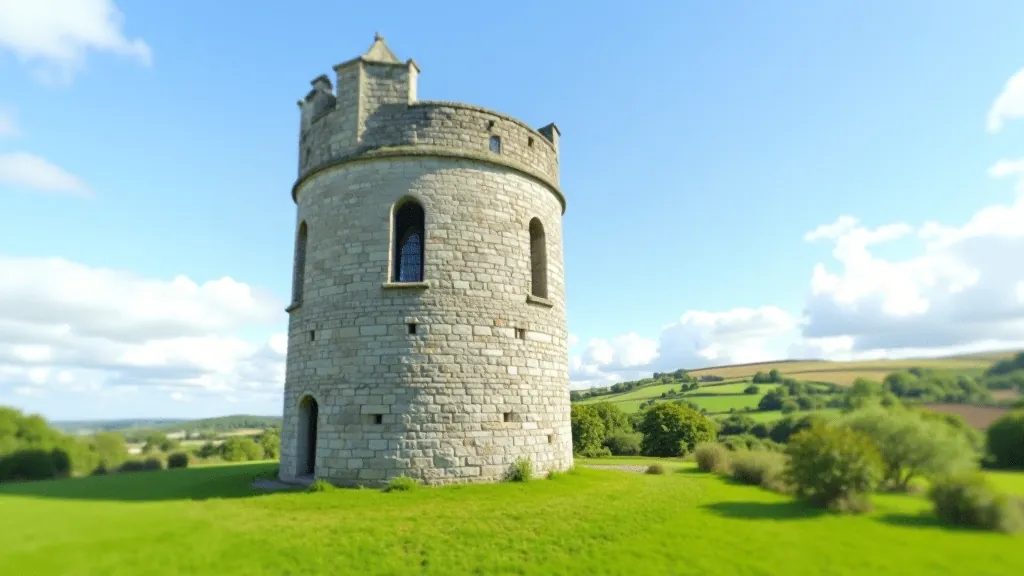 Tall stone round tower at Clonmacnoise with weathered medieval construction and clear sky