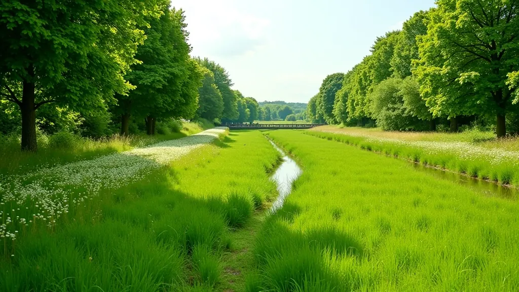 Peaceful Shannon River meadow with green fields and water
