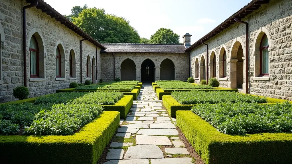 Reconstructed medieval cloister garden with stone walls, organized rectangular planting beds, and covered walkway visible