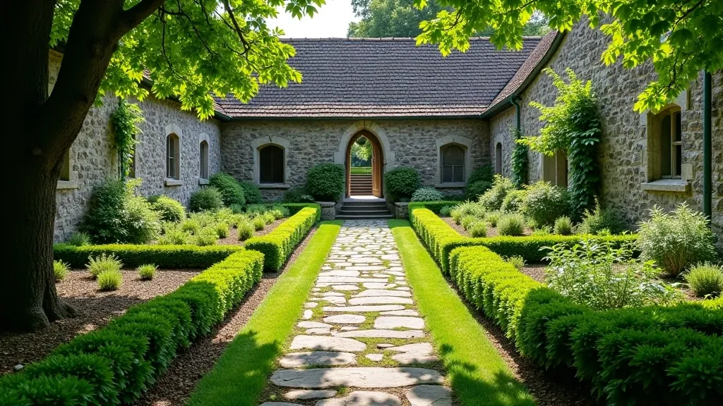 Medieval monastic garden with herb beds and stone pathways