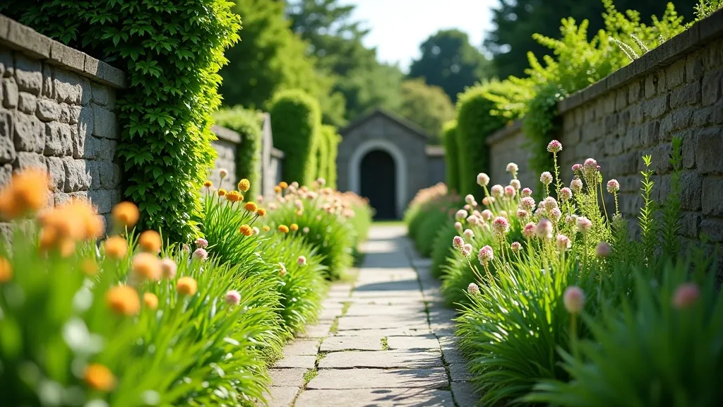 Peaceful monastery garden with stone pathways, flowering plants, and historic walls