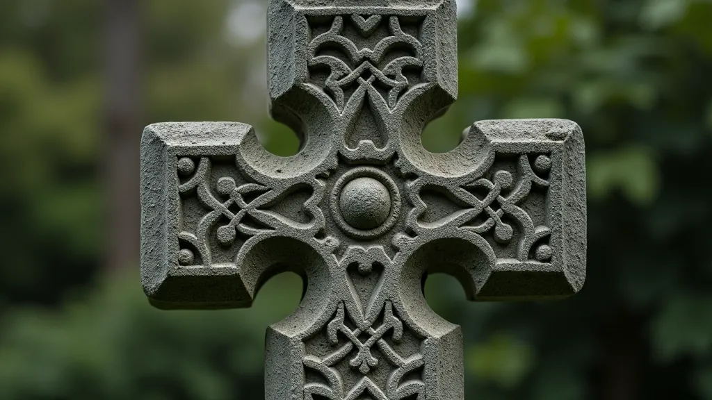 Weathered Celtic high cross with intricate carvings
