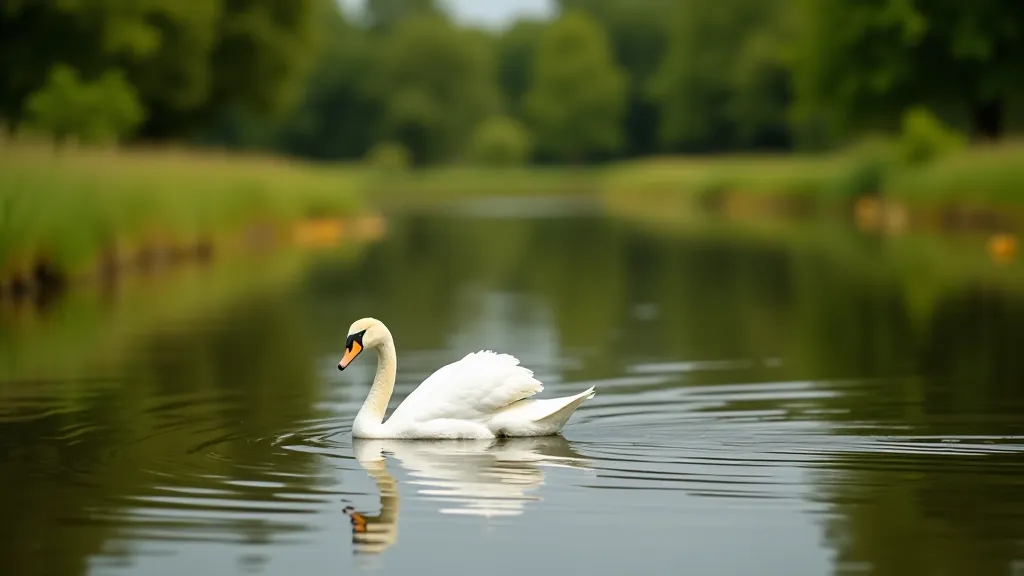 Wildlife photography showing a white swan gliding on calm river water with green meadow and trees reflected in the background